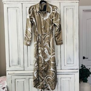 🟠NWT CALISTA by FINAL TOUCH Long Sleeve Button Down Midi Dress in Olive/Cream